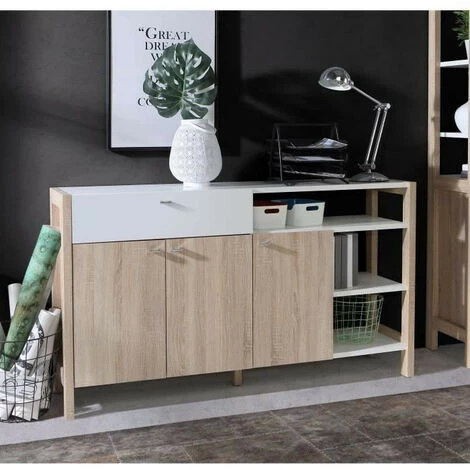 AUTRES Buffet HOYVIK 3 Portes- 2 Tablettes, 1 Tioir, 3 Niches - 155,7 Cm - Décor Chene Sonoma Combiné Avec Du Blanc Mat - Poignées E 2 AUTRES Buffet HOYVIK 3 Portes- 2 Tablettes, 1 Tioir, 3 Niches - 155,7 Cm - Décor Chene Sonoma Combiné Avec Du Blanc Mat - Poignées E – Image 2