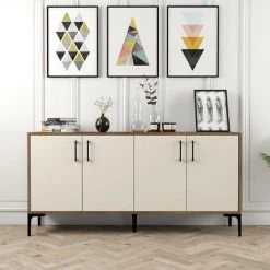 COTECOSY Buffet Bas 4 Portes Vranus 160cm Bois Naturel Et Blanc Crème Et Métal Noir - Crème -Buffet et enfilade Soldes 60093509 2