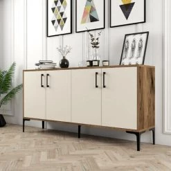 COTECOSY Buffet Bas 4 Portes Vranus 160cm Bois Naturel Et Blanc Crème Et Métal Noir - Crème -Buffet et enfilade Soldes 60093509 3
