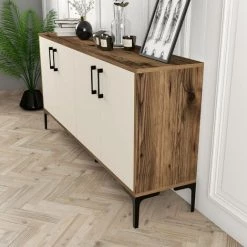 COTECOSY Buffet Bas 4 Portes Vranus 160cm Bois Naturel Et Blanc Crème Et Métal Noir - Crème -Buffet et enfilade Soldes 60093509 4