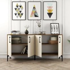 COTECOSY Buffet Bas 4 Portes Vranus 160cm Bois Naturel Et Blanc Crème Et Métal Noir - Crème -Buffet et enfilade Soldes 60093509 5