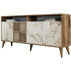 COTECOSY Buffet Bas 4 Portes Et 2 Tiroirs Kaltes L160cm Bois Et Effet Marbre Blanc - Bois / Blanc