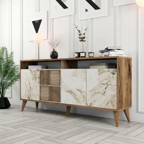 COTECOSY Buffet Bas 4 Portes Et 2 Tiroirs Kaltes L160cm Bois Et Effet Marbre Blanc - Bois / Blanc 3 COTECOSY Buffet Bas 4 Portes Et 2 Tiroirs Kaltes L160cm Bois Et Effet Marbre Blanc - Bois / Blanc â Image 3