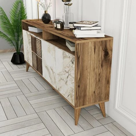 COTECOSY Buffet Bas 4 Portes Et 2 Tiroirs Kaltes L160cm Bois Et Effet Marbre Blanc - Bois / Blanc 4 COTECOSY Buffet Bas 4 Portes Et 2 Tiroirs Kaltes L160cm Bois Et Effet Marbre Blanc - Bois / Blanc â Image 4