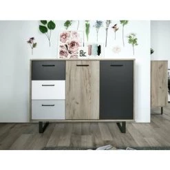 CAESAROO Buffet 118x86H Cm Aruba Avec Deux Portes Chêne Clair Et Trois Tiroirs En Trois Couleurs | Chêne Et Gris