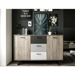 CAESAROO Buffet 160x86H Cm Aruba Avec Deux Portes Chêne Clair Et Trois Tiroirs En Trois Couleurs | Chêne Et Gris