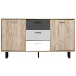 CAESAROO Buffet 160x86H Cm Aruba Avec Deux Portes Chêne Clair Et Trois Tiroirs En Trois Couleurs | Chêne Et Gris -Buffet et enfilade Soldes 60101398 4