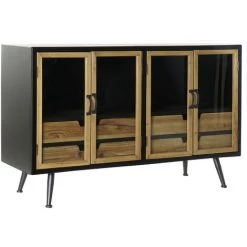 Buffet Meuble De Rangement En Bois De Sapin Marron Clair / Noir Et Verre - Longueur 120 X Hauteur 76 X Profondeur 40 Cm -PEGANE-