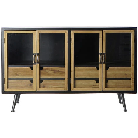 Buffet Meuble De Rangement En Bois De Sapin Marron Clair / Noir Et Verre - Longueur 120 X Hauteur 76 X Profondeur 40 Cm -PEGANE- 2 Buffet Meuble De Rangement En Bois De Sapin Marron Clair / Noir Et Verre - Longueur 120 X Hauteur 76 X Profondeur 40 Cm -PEGANE- – Image 2