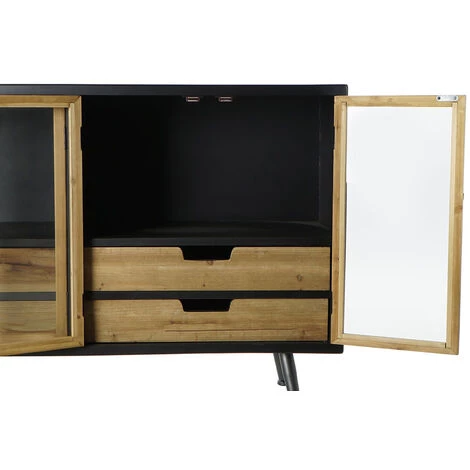 Buffet Meuble De Rangement En Bois De Sapin Marron Clair / Noir Et Verre - Longueur 120 X Hauteur 76 X Profondeur 40 Cm -PEGANE- 3 Buffet Meuble De Rangement En Bois De Sapin Marron Clair / Noir Et Verre - Longueur 120 X Hauteur 76 X Profondeur 40 Cm -PEGANE- – Image 3