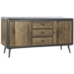 Buffet Meuble De Rangement En Bois Sapin Naturel Et Métal Coloris Noir - Longueur 144 X Hauteur 75 X Profondeur 45 Cm -PEGANE-