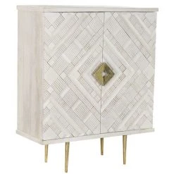 Buffet Haut Meuble De Rangement En Bois De Manguier Blanc Et Laiton Doré - Longueur 93 X Hauteur 114 X Profondeur 41 Cm -PEGANE-