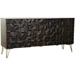 Buffet Meuble De Rangement En Bois De Manguier Marron Foncé Et Métal Doré - Longueur 160 X Hauteur 80 X Profondeur 45 Cm -PEGANE-