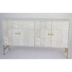 Buffet Meuble De Rangement En Bois De Manguier Et Laiton Coloris Blanc - Longueur 157 X Hauteur 84 X Profondeur 43cm -PEGANE-