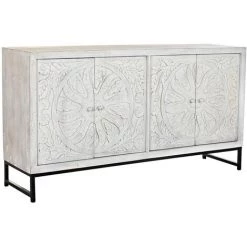 Buffet Meuble De Rangement En Bois De Manguier Coloris Blanc Et Métal Noir - Longueur 150 X Hauteur 80 X Profondeur 38 Cm -PEGANE-