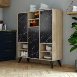 COTECOSY Buffet Haut Kamuta L105xH123,6cm Bois Naturel Et Effet Marbre Noir - Bois / Noir -Buffet et enfilade Soldes 60221689 3