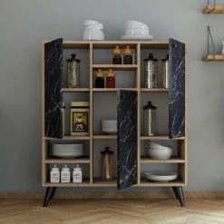 COTECOSY Buffet Haut Kamuta L105xH123,6cm Bois Naturel Et Effet Marbre Noir - Bois / Noir -Buffet et enfilade Soldes 60221689 4