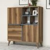 COTECOSY Buffet Haut 3 Portes Et 4 Niches Batista L100xH115cm Bois Naturel Et Bleu - Bleu