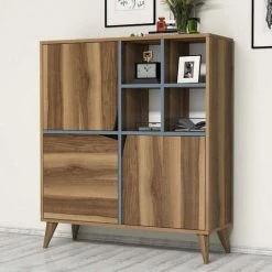 COTECOSY Buffet Haut 3 Portes Et 4 Niches Batista L100xH115cm Bois Naturel Et Bleu - Bleu