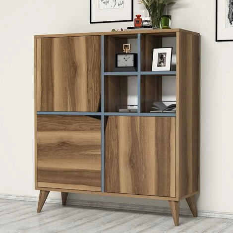COTECOSY Buffet Haut 3 Portes Et 4 Niches Batista L100xH115cm Bois Naturel Et Bleu - Bleu 1 COTECOSY Buffet Haut 3 Portes Et 4 Niches Batista L100xH115cm Bois Naturel Et Bleu - Bleu