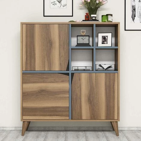 COTECOSY Buffet Haut 3 Portes Et 4 Niches Batista L100xH115cm Bois Naturel Et Bleu - Bleu 2 COTECOSY Buffet Haut 3 Portes Et 4 Niches Batista L100xH115cm Bois Naturel Et Bleu - Bleu – Image 2