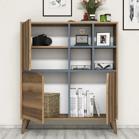 COTECOSY Buffet Haut 3 Portes Et 4 Niches Batista L100xH115cm Bois Naturel Et Bleu - Bleu 3 COTECOSY Buffet Haut 3 Portes Et 4 Niches Batista L100xH115cm Bois Naturel Et Bleu - Bleu – Image 3