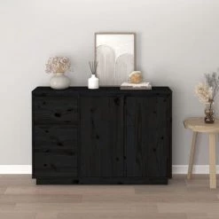 YOUTHUP Buffet Noir 111x34x75 Cm Bois Massif De Pin - Noir -Buffet et enfilade Soldes 60367226 3