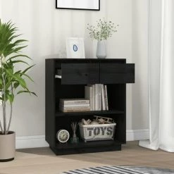 YOUTHUP Armoire Console Noir 60x34x75 Cm Bois De Pin Solide - Noir -Buffet et enfilade Soldes 60367229 3
