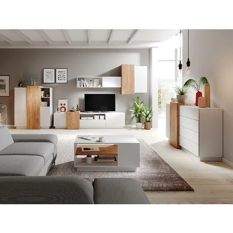 VENTE-UNIQUE.COM Buffet Haut FRANCOLI - 3 Portes Et 2 Niches - Blanc Et Chêne - Blanc 3 VENTE-UNIQUE.COM Buffet Haut FRANCOLI - 3 Portes Et 2 Niches - Blanc Et Chêne - Blanc – Image 3