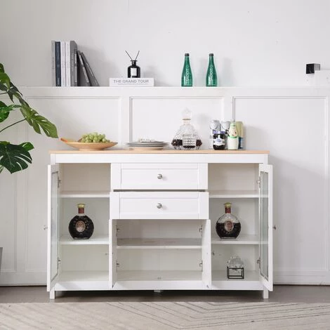 RANIPOBO Buffet Avec Buffet En Grain De Bois Blanc Avec Porte En Verre Incruste Deux Tiroirs Salon Salle A Manger 2 RANIPOBO Buffet Avec Buffet En Grain De Bois Blanc Avec Porte En Verre Incruste Deux Tiroirs Salon Salle A Manger – Image 2