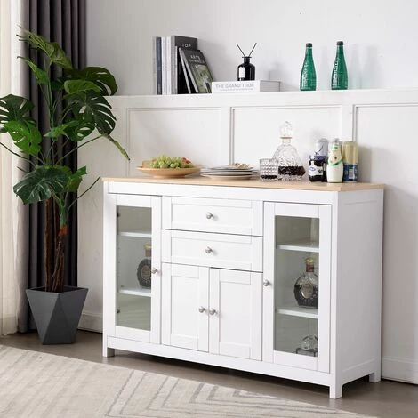 RANIPOBO Buffet Avec Buffet En Grain De Bois Blanc Avec Porte En Verre Incruste Deux Tiroirs Salon Salle A Manger 3 RANIPOBO Buffet Avec Buffet En Grain De Bois Blanc Avec Porte En Verre Incruste Deux Tiroirs Salon Salle A Manger – Image 3