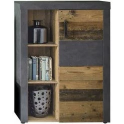 CHB COLLECTION Meuble De Salon - Bahut En Mélaminé Coloris Bois Effet Vieilli Avec Une Finition Gris Ciment. L - H - P : 87 - 118 - 34 Cm - Gris/bois