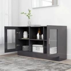 ONEVAN Armoire Vitrine | 120x30,5x70 Cm | 2 Portes Panneau De Particules - Gris Brillant 8 ONEVAN Armoire Vitrine | 120x30,5x70 Cm | 2 Portes Panneau De Particules - Gris Brillant -Buffet et enfilade Soldes 60588925 4