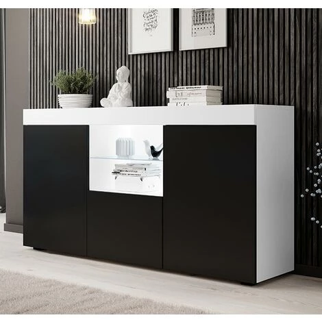 DESIGN AMEUBLEMENT Buffet Bahut 3 Portes Avec LED | 150 X 80 X 40cm | Couleur Blanc Et Noir Mate | Meuble De Rangement | Modèle NATOLIA - Blanc/Noir 2 DESIGN AMEUBLEMENT Buffet Bahut 3 Portes Avec LED | 150 X 80 X 40cm | Couleur Blanc Et Noir Mate | Meuble De Rangement | Modèle NATOLIA - Blanc/Noir – Image 2