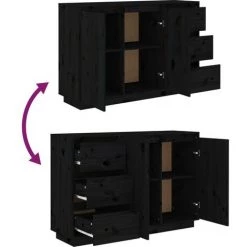 FIMEI Buffet Noir 111x34x75 Cm Bois Massif De Pin -Buffet et enfilade Soldes 60966046 5