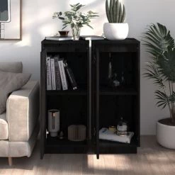FIMEI Buffets 2 Pcs Noir 31,5x34x75 Cm Bois Massif De Pin -Buffet et enfilade Soldes 60967289 3