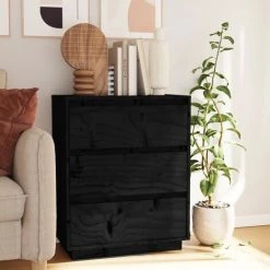 FIMEI Buffet Noir 60x34x75 Cm Bois Massif De Pin
