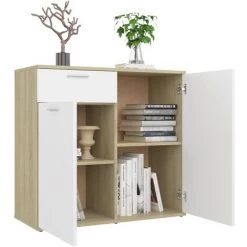 TRUE DEAL Buffet Blanc Et Chêne Sonoma 80x36x75 Cm Aggloméré -Buffet et enfilade Soldes 61074768 4