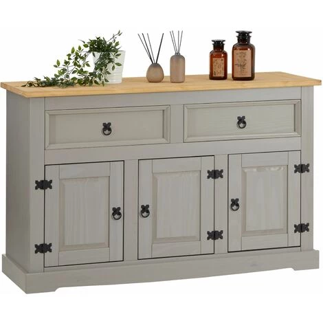IDIMEX Buffet TEQUILA Commode Bahut Vaisselier En Bois Style Mexicain Avec 2 Tiroirs Et 3 Portes Battantes, En Pin Lasuré Gris Et Brun - Gris/brun 1 IDIMEX Buffet TEQUILA Commode Bahut Vaisselier En Bois Style Mexicain Avec 2 Tiroirs Et 3 Portes Battantes, En Pin Lasuré Gris Et Brun - Gris/brun