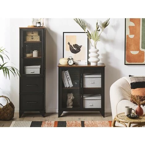 BELIANI Commode à Maillage En Métal 2 Portes Noire Effet Bois Foncé - Noir 2 BELIANI Commode à Maillage En Métal 2 Portes Noire Effet Bois Foncé - Noir – Image 2