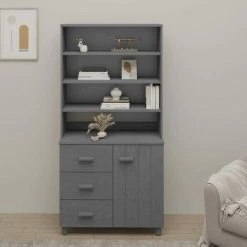 FIMEI Buffet Bois Massif De Pin Gris Foncé