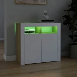 FIMEI Buffet Avec Lumières LED Blanc Et Chêne Sonoma 80x35x75 Cm -Buffet et enfilade Soldes 61384189 4