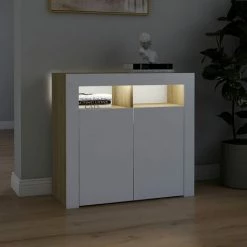 FIMEI Buffet Avec Lumières LED Blanc Et Chêne Sonoma 80x35x75 Cm -Buffet et enfilade Soldes 61384189 5
