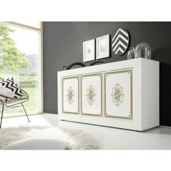 VENTE-UNIQUE.COM Buffet PULINO - 3 Portes - Blanc Laqué Et Doré - Blanc, Doré -Buffet et enfilade Soldes 61450075 2