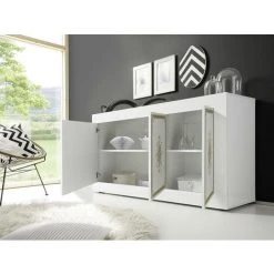 VENTE-UNIQUE.COM Buffet PULINO - 3 Portes - Blanc Laqué Et Doré - Blanc, Doré -Buffet et enfilade Soldes 61450075 4