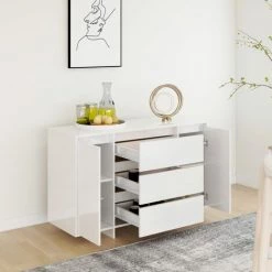 SUPERMARKET Buffet Avec 3 Tiroirs Blanc Brillant 120x41x75 Cm Aggloméré -Buffet et enfilade Soldes 63652898 4
