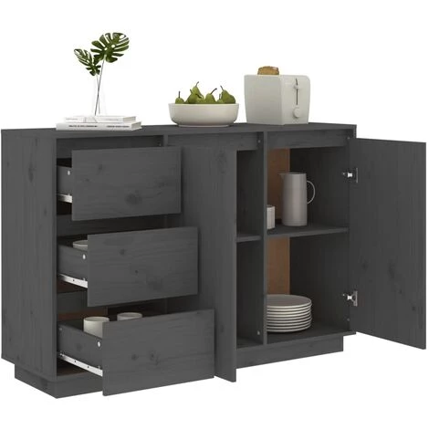 SUPERMARKET Buffet Gris 111x34x75 Cm Bois Massif De Pin 4 SUPERMARKET Buffet Gris 111x34x75 Cm Bois Massif De Pin – Image 4