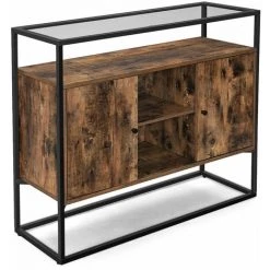 HELLOSHOP26 Buffet Meuble De Rangement Placard Dessus En Verre Trempé Compartiments Ouverts Pour Salon Couloir Cadre En Acier Stable Style Industriel Marron Rustique Et Noir - Transparent