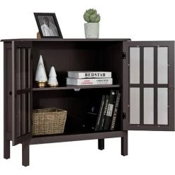 GIANTEX Meuble De Rangement En Bois, Buffet Moderne Sur Pieds Avec 2 Etagères & 2 Portes En Verre, Commode Armoire De Rangement Pour Cuisine, Salle à Manger, Salon, Entrée 80,5 X 35,5 X 79 Cm (Marron)