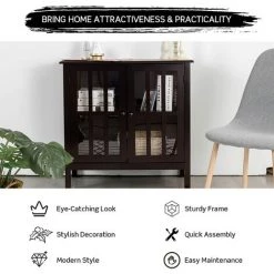 GIANTEX Meuble De Rangement En Bois, Buffet Moderne Sur Pieds Avec 2 Etagères & 2 Portes En Verre, Commode Armoire De Rangement Pour Cuisine, Salle à Manger, Salon, Entrée 80,5 X 35,5 X 79 Cm (Marron) -Buffet et enfilade Soldes 63738097 3